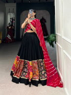 Lorenvalley Black Pure Rayon with Plain And Printed With Original Mirror Gamthi Work And Lace Touch Up Lehenga Choli | Grocsy
