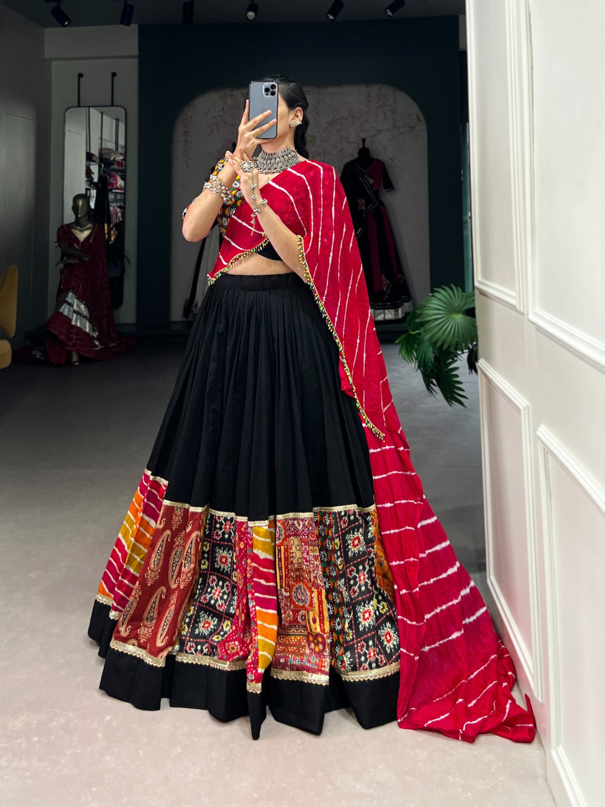 Lorenvalley Black Pure Rayon with Plain And Printed With Original Mirror Gamthi Work And Lace Touch Up Lehenga Choli | Grocsy