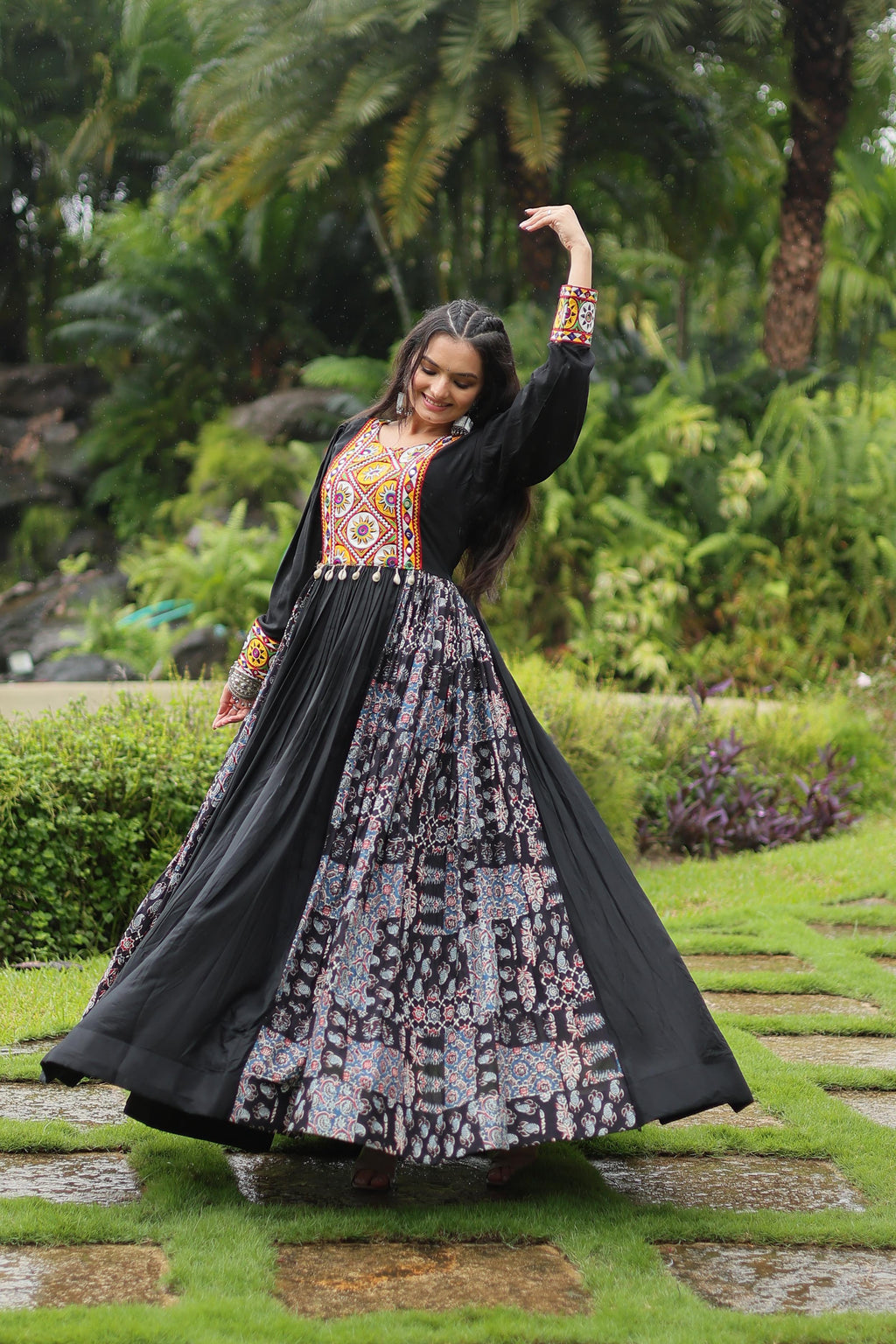 Lorenvalley Black Rayon Contrast of Printed with Kutchi Gamthi work Gown | Grocsy