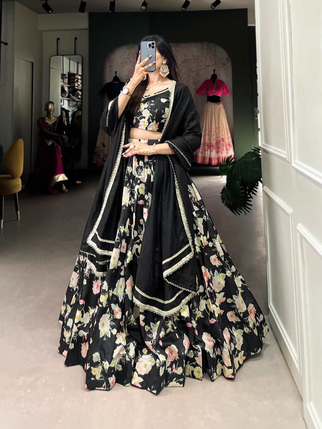 Lorenvalley Black Tussar Silk Floral Printed Lehenga Choli | Grocsy