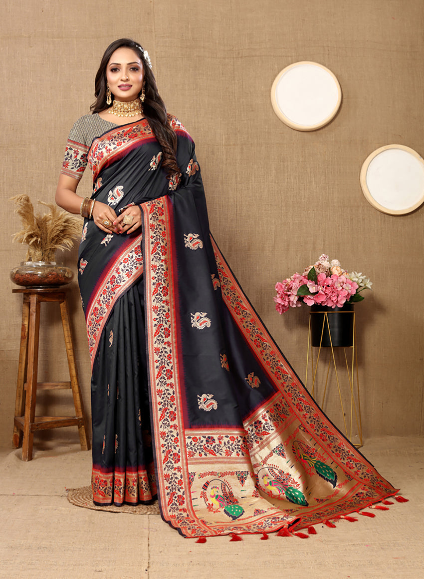 Lorenvalley Fashion Black Soft Paithani Silk Woven Design Rich Meenakari Zari Weaving Pallu Saree | Grocsy