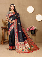 Lorenvalley Fashion Black Soft Paithani Silk Woven Design Rich Meenakari Zari Weaving Pallu Saree | Grocsy