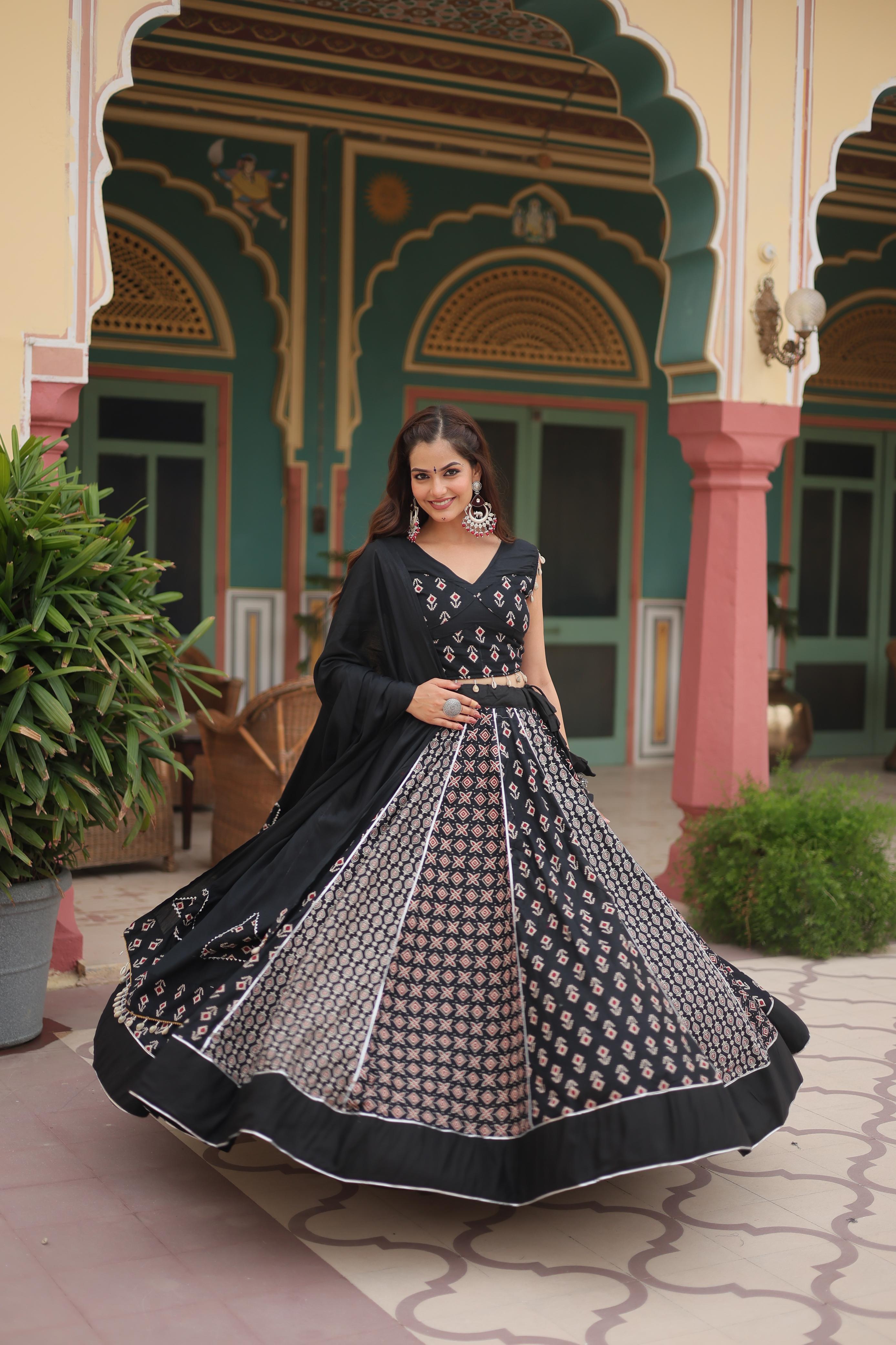 Lorenvalley Black Rayon Gota Patti Lace Printed Kali Pattern Lehenga Choli with Dupatta | Grocsy