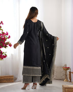 Lorenvalley Black Chinon Silk Embroidery Sequence and Jari Work Kurta Trousers with Dupatta Set | Grocsy