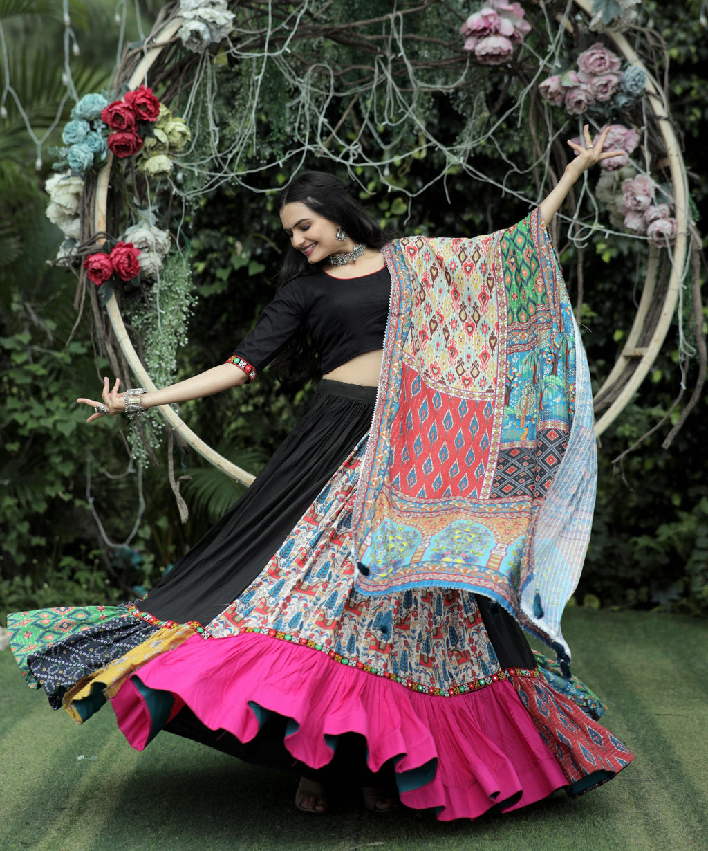 Lorenvalley Black Premium Rayon Lehenga with Choli with Digital Printed with Gotta Patti Lace Border Dupatta Set | Grocsy