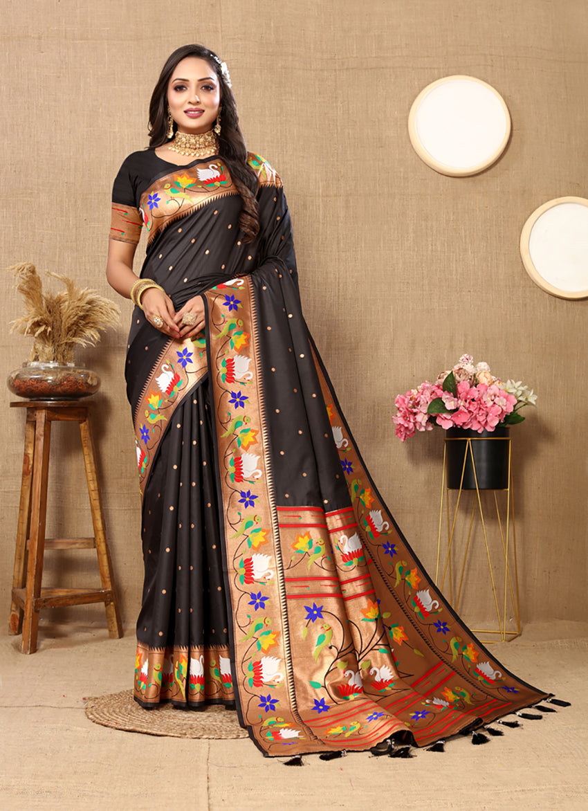 Lorenvalley Fashion Black Soft Paithani Silk Woven Design Rich Zari Meenakari Weaving Saree | Grocsy