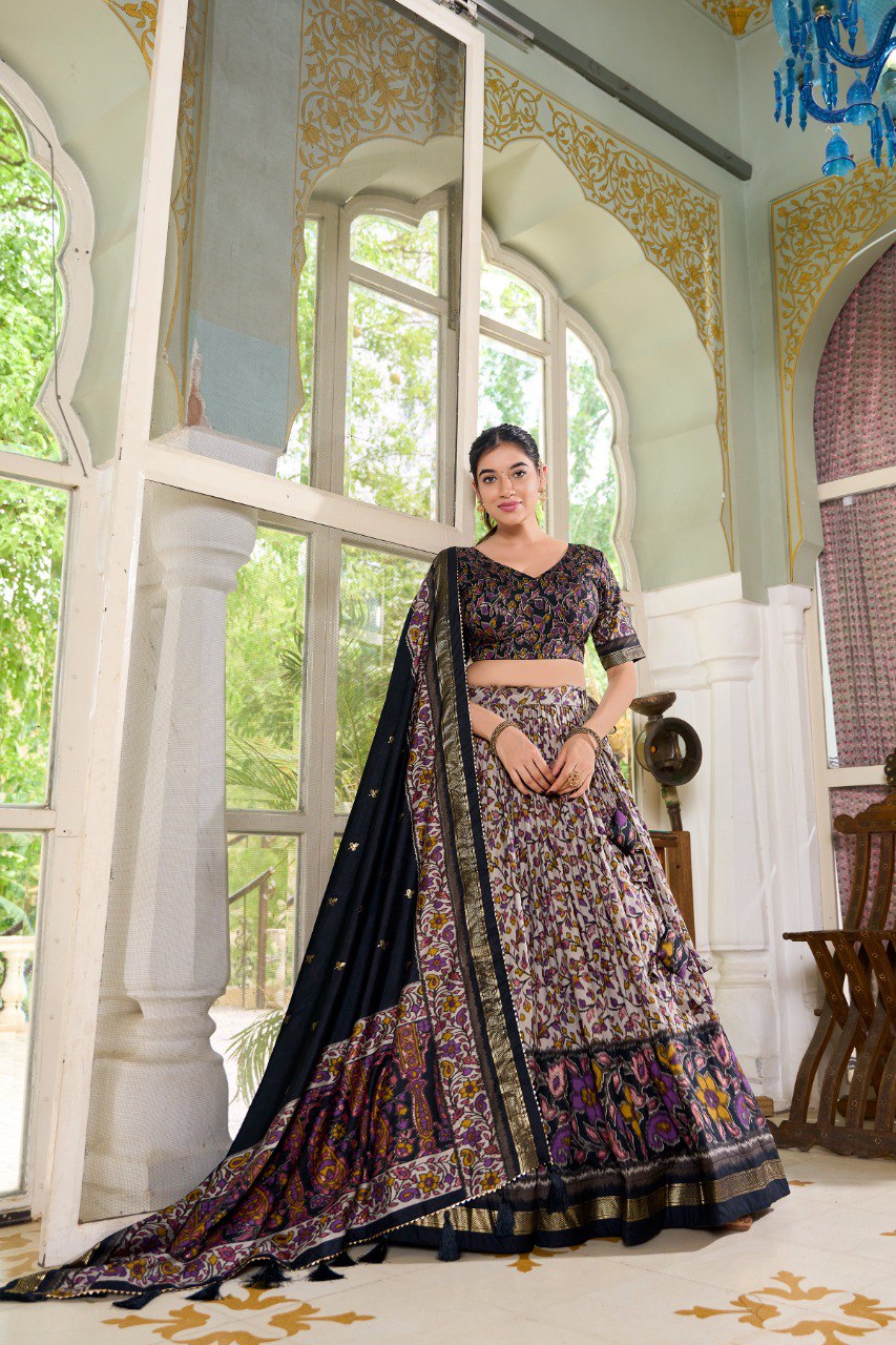 Lorenvalley Black Tussar Silk Floral Print with Foil Print Lehenga Choli with Dupatta | Grocsy