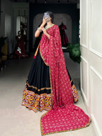Lorenvalley Black Pure CottonPlain And Original Mirror Gamthi Work Lace Border Lehenga Choli with Dupatta | Grocsy