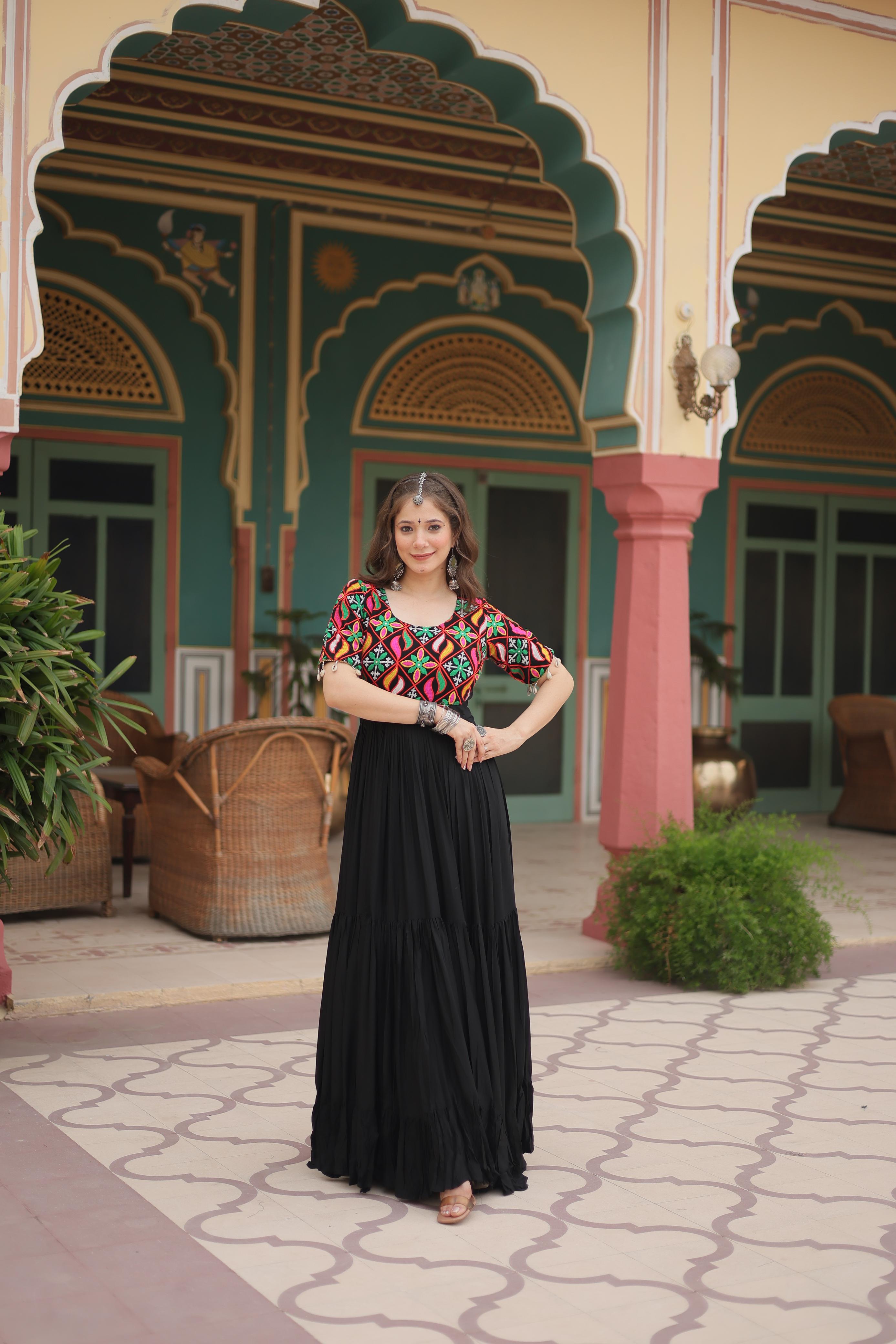 Lorenvalley Black Rayon Fabric with Kutchi Gamthi Kodi work Gown | Grocsy