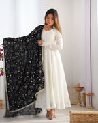 Lorenvalley Fashion White Vichitra Silk Fabric Fully Flared Anarkali Pant With Dupatta Set | Grocsy