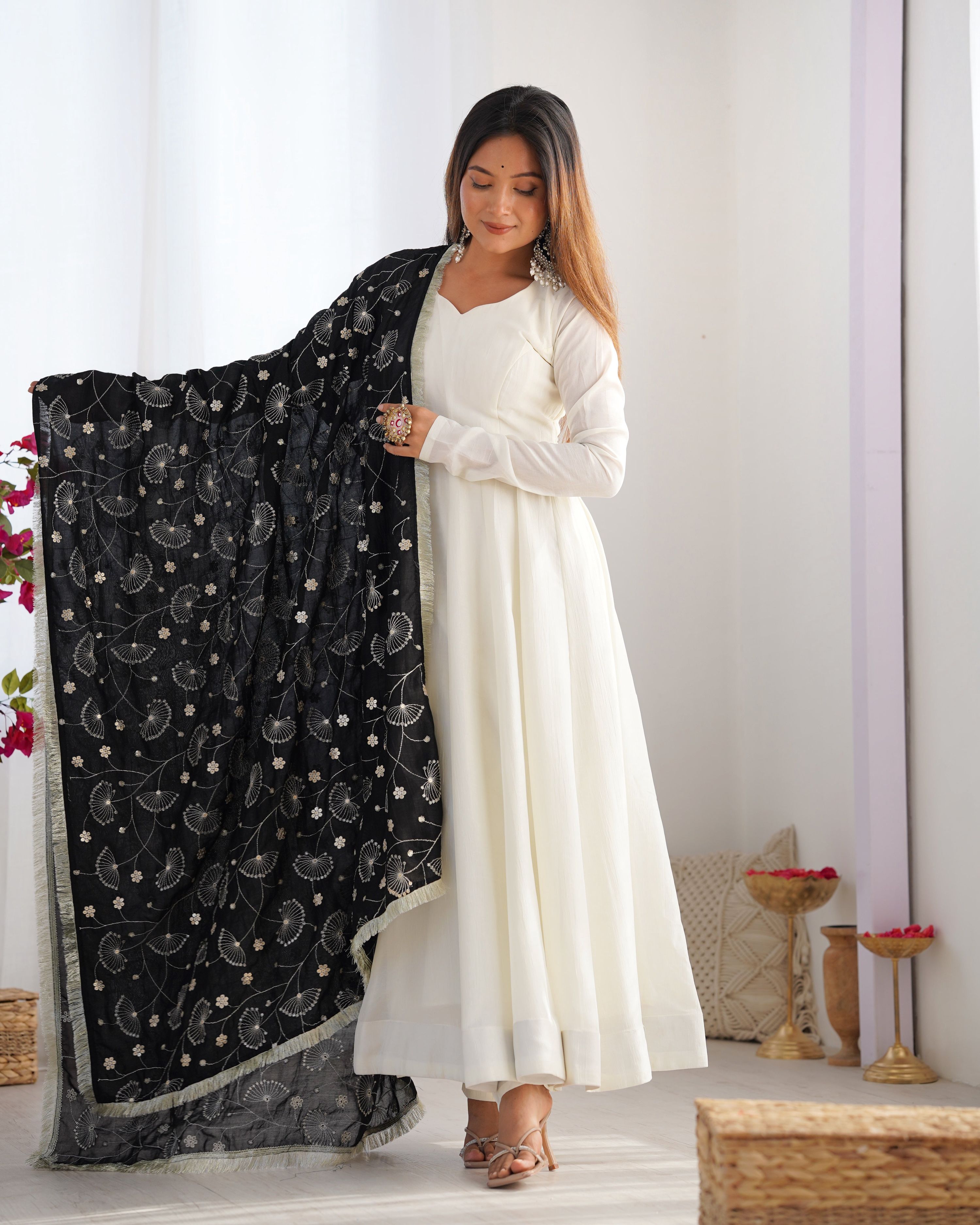 Lorenvalley Fashion White Vichitra Silk Fabric Fully Flared Anarkali Pant With Dupatta Set | Grocsy