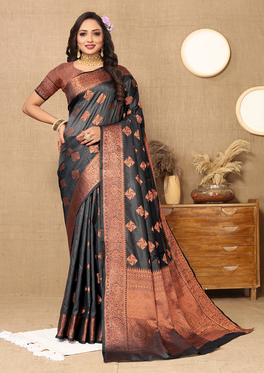Lorenvalley Fashion Black Soft Katan Silk Woven Design Copper Zari Weaving Saree | Grocsy