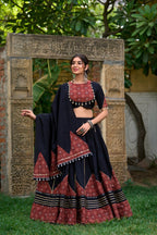 Lorenvalley Black Pure Cotton Plain With Printed And Paper Mirror Work Lace Lehenga Choli | Grocsy