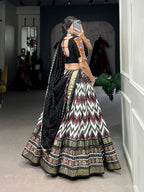 Lorenvalley Tussar Silk Black Leheriya Print with Foil Print and Paper Mirror Work Lace Lehenga Choli with Dupatta | Grocsy