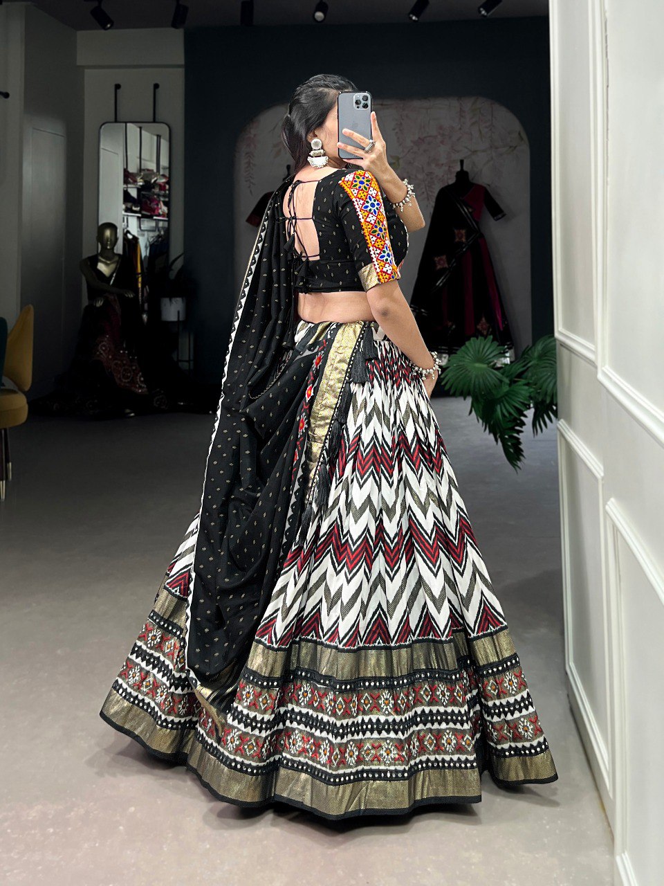Lorenvalley Tussar Silk Black Leheriya Print with Foil Print and Paper Mirror Work Lace Lehenga Choli with Dupatta | Grocsy