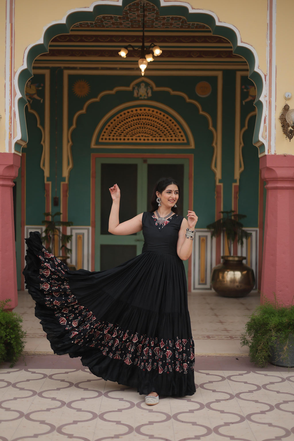 Lorenvalley Black Rayon Fabric with Printed Attached In Frill And Neck Gown | Grocsy