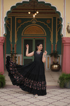 Lorenvalley Black Rayon Fabric with Printed Attached In Frill And Neck Gown | Grocsy