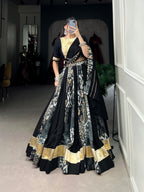 Lorenvalley Black Rayon and Tussar Silk Plain And Printed With Embossed Design Gota Lace Lehenga Choli with Dupatta | Grocsy