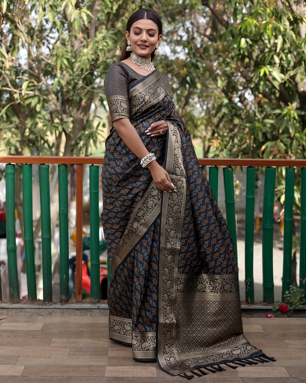 Lorenvalley Premium Bandhej Patola Silk Sarees with kanchi Borders and Contrast Zari Weaving borders Saree - Black | Grocsy