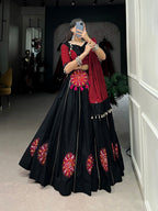 Lorenvalley Pure Black Cotton Plain And Gamthi Patch Work With Gota Patti Lehenga Choli with Dupatta | Grocsy