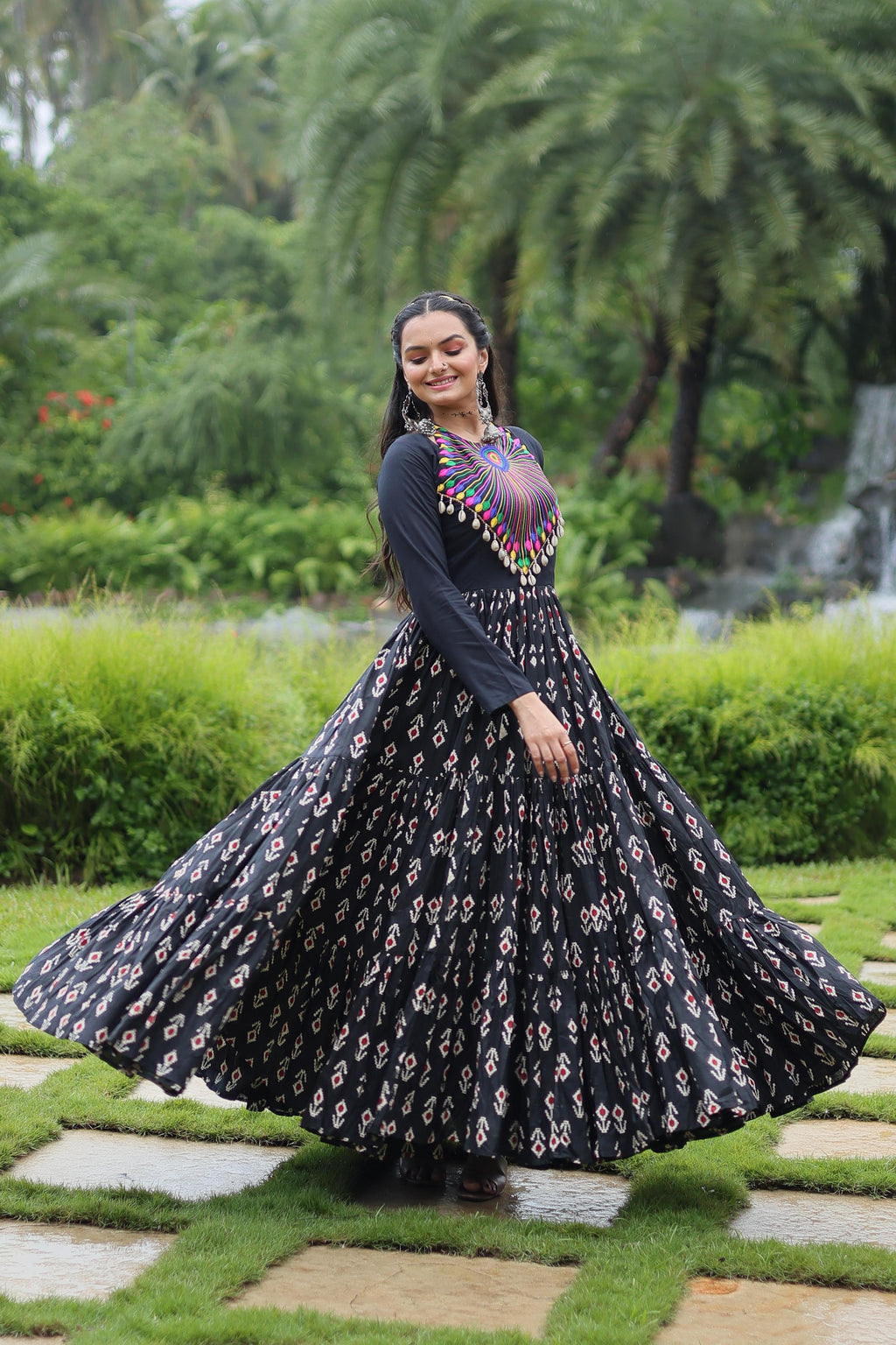 Lorenvalley Black Cotton Printed With Kutchi Gamthi Work and Kodi Lace Gown | Grocsy