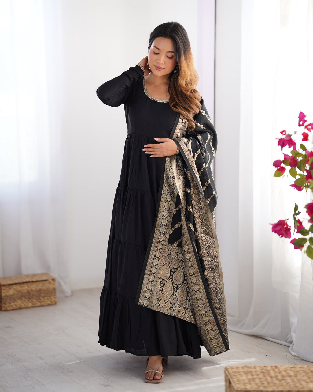 Lorenvalley Women Pure Roman silk Chanderi Fabric Layer Gathering Anarkali Kurta Pant With Dupatta Set | Grocsy