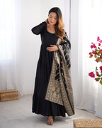 Lorenvalley Women Pure Roman silk Chanderi Fabric Layer Gathering Anarkali Kurta Pant With Dupatta Set | Grocsy
