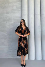 Pimu Front Slit Midi Dresses V-neck Designs For Women Party Wear - Black | Grocsy