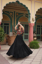 Lorenvalley Black Rayon Fabric with Kutchi Gamthi Kodi work Gown | Grocsy