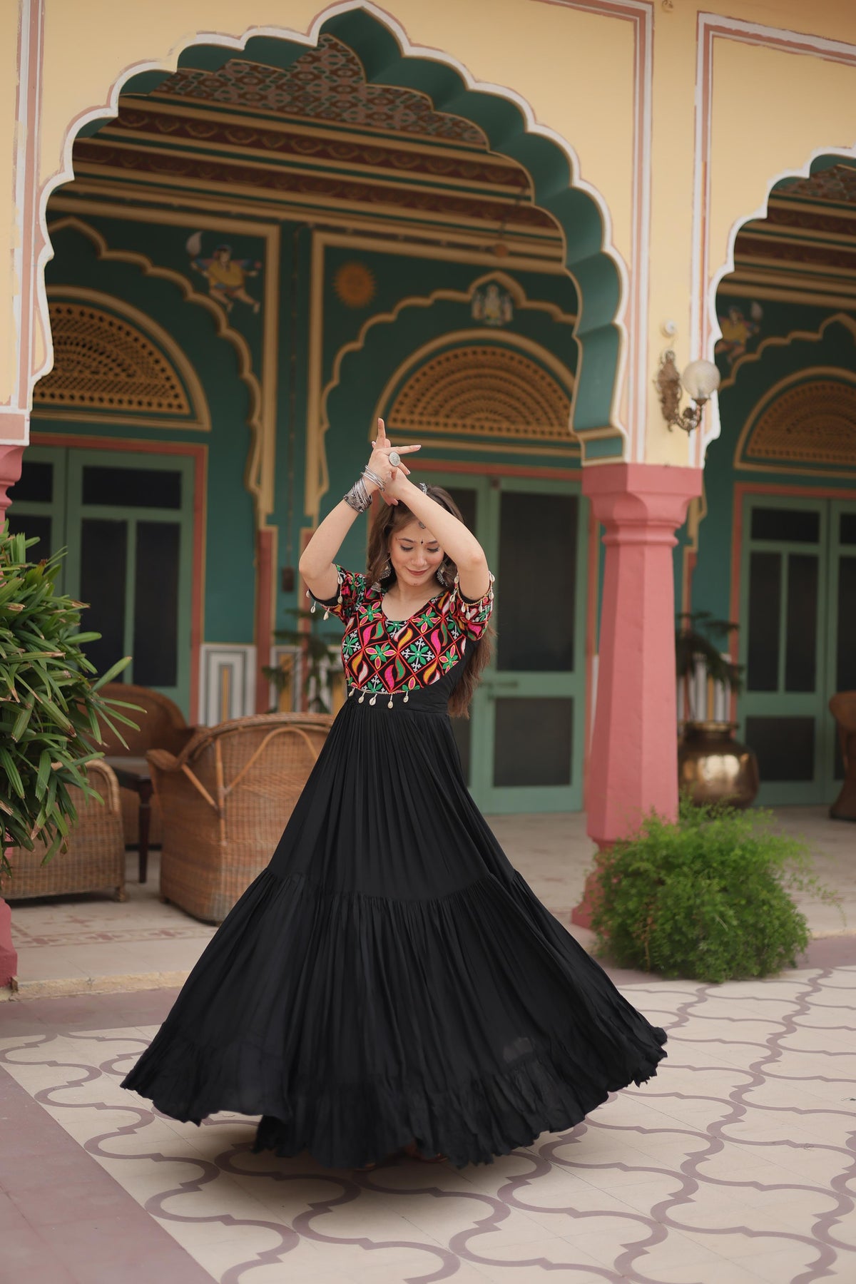 Lorenvalley Black Rayon Fabric with Kutchi Gamthi Kodi work Gown | Grocsy