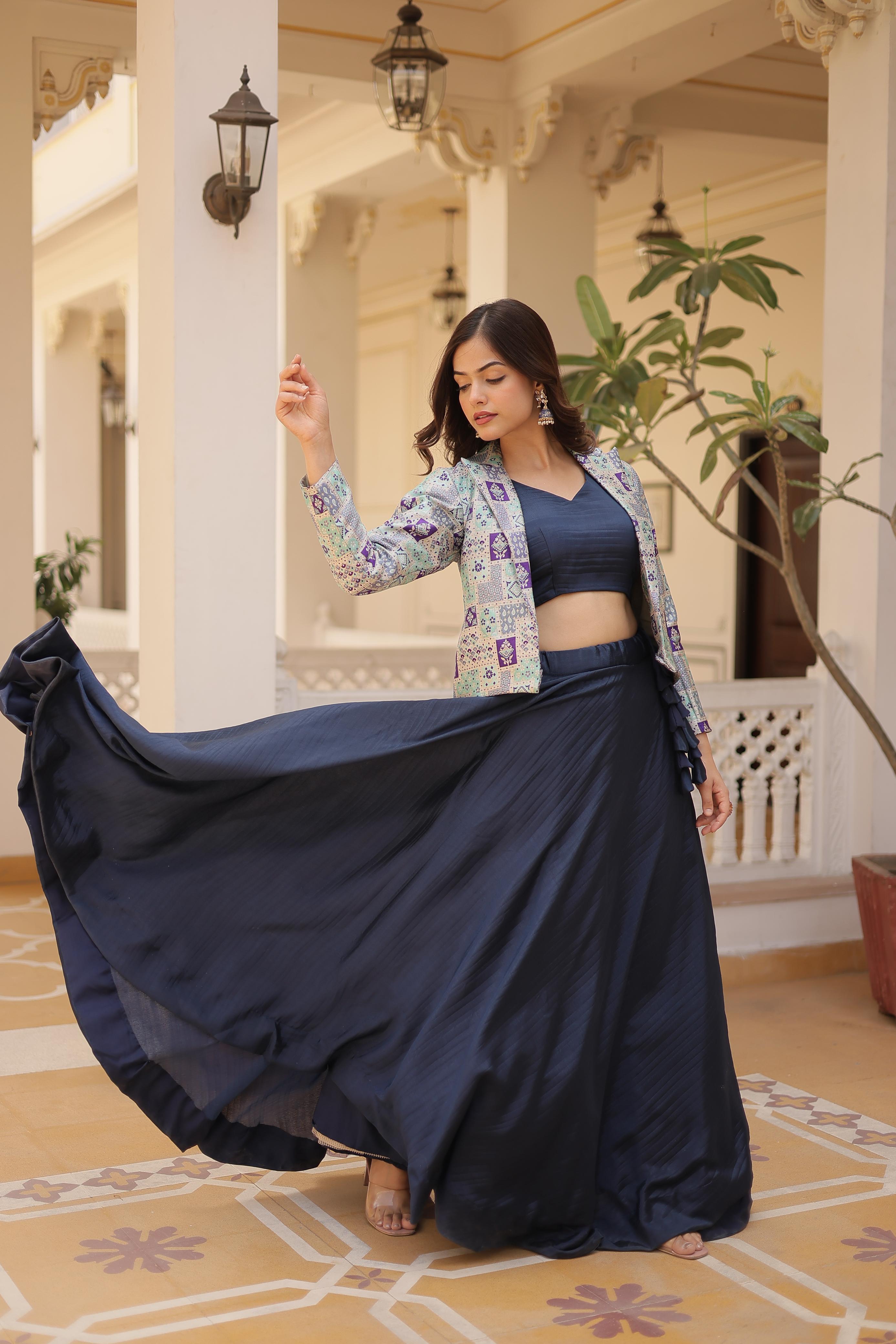 Lorenvalley Black Premium Chinnon Lehenga Choli with Jacquard Woven Design Koti | Grocsy
