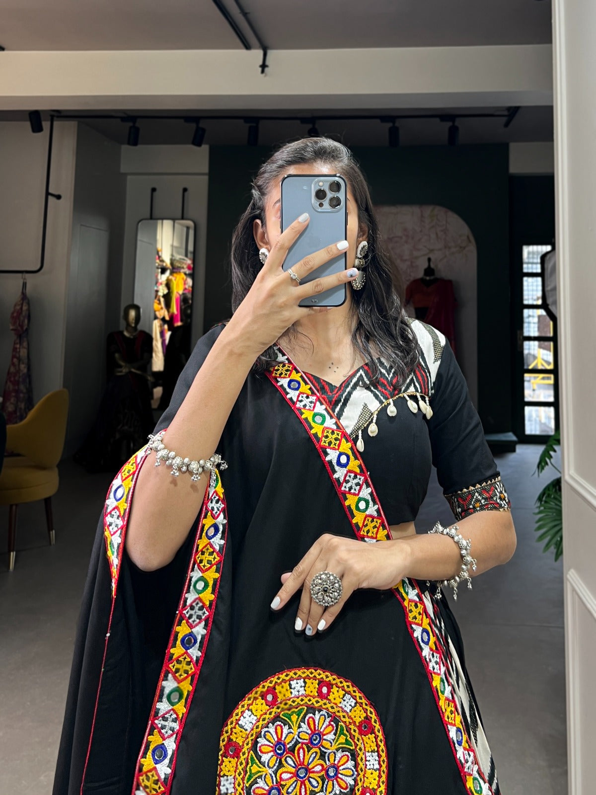 Lorenvalley Black Rayon With Printed Silk Original Mirror Gamthi Work Lehenga Choli With Dupatta | Grocsy