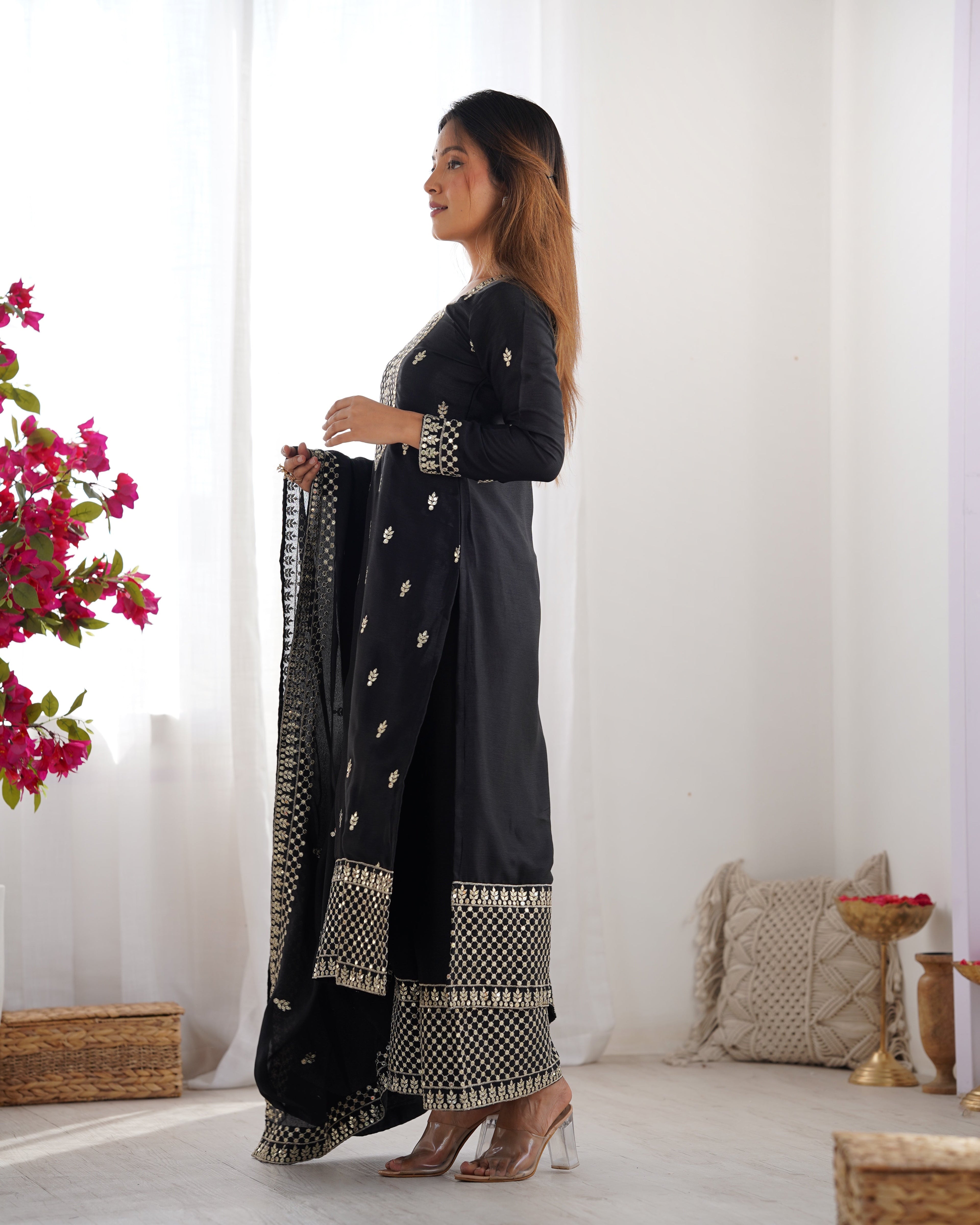 Lorenvalley Black Chinon Silk Embroidery Sequence and Jari Work Kurta Trousers with Dupatta Set | Grocsy