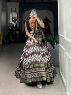 Lorenvalley Tussar Silk Black Leheriya Print with Foil Print and Paper Mirror Work Lace Lehenga Choli with Dupatta | Grocsy