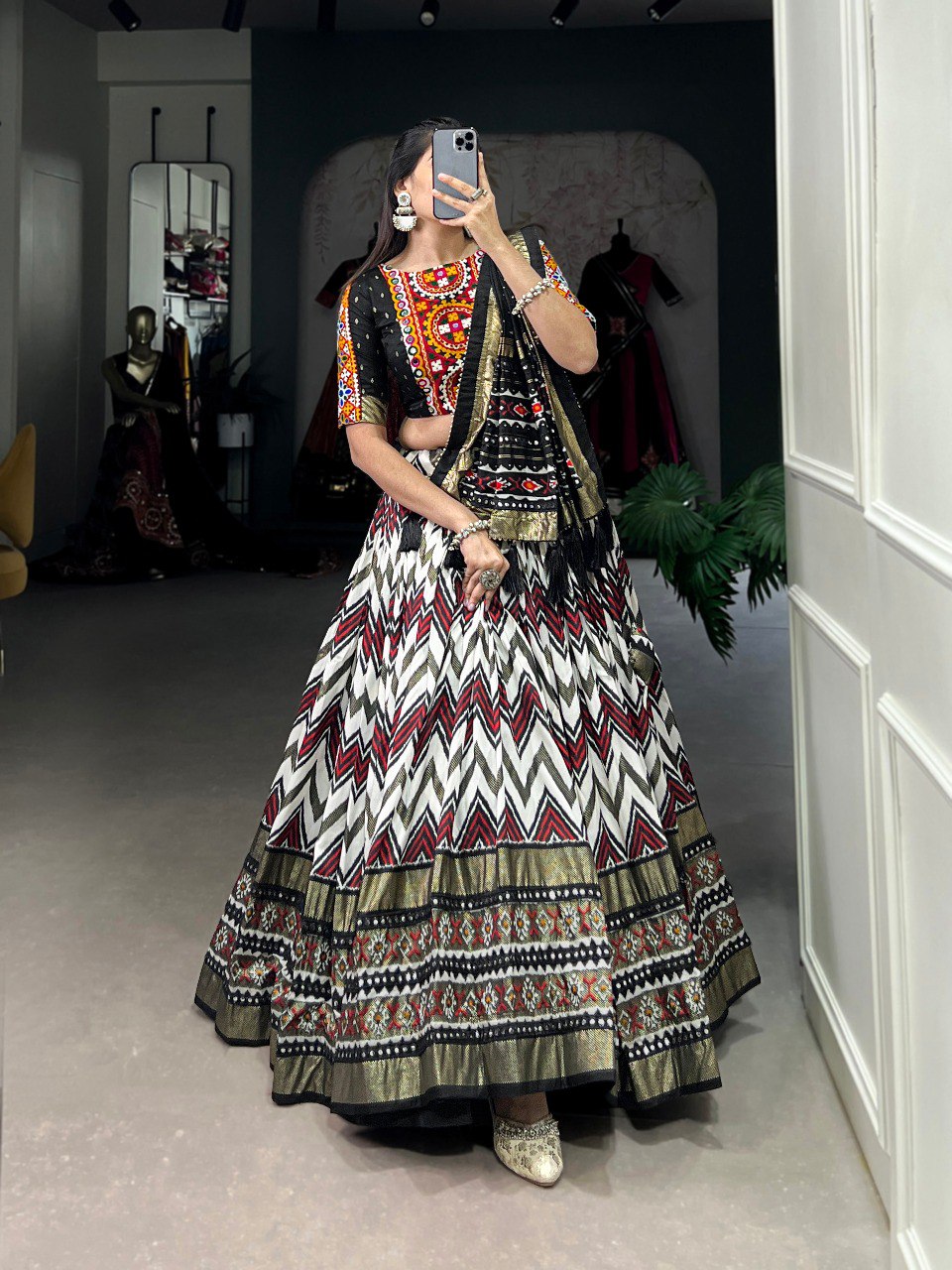 Lorenvalley Tussar Silk Black Leheriya Print with Foil Print and Paper Mirror Work Lace Lehenga Choli with Dupatta | Grocsy