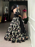 Lorenvalley Black Tussar Silk Floral Printed Lehenga Choli | Grocsy