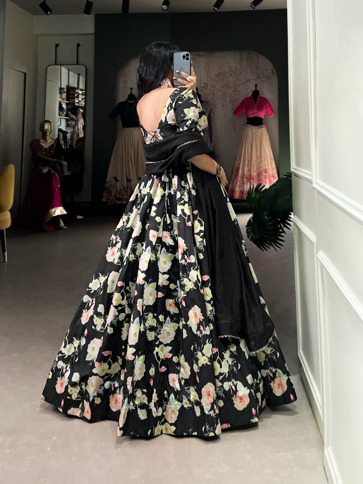 Lorenvalley Black Tussar Silk Floral Printed Lehenga Choli | Grocsy