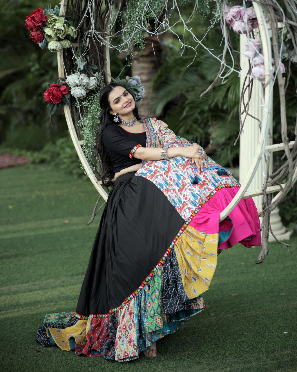 Lorenvalley Black Premium Rayon Lehenga with Choli with Digital Printed with Gotta Patti Lace Border Dupatta Set | Grocsy