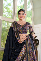 Lorenvalley Black Tussar Silk Floral Print with Foil Print Lehenga Choli with Dupatta | Grocsy