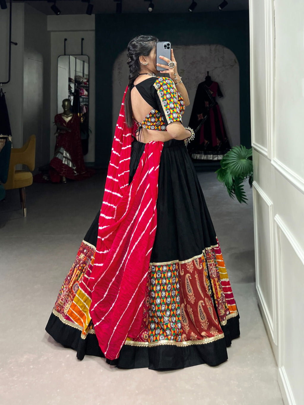 Lorenvalley Black Pure Rayon with Plain And Printed With Original Mirror Gamthi Work And Lace Touch Up Lehenga Choli | Grocsy