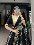 Lorenvalley Black Rayon and Tussar Silk Plain And Printed With Embossed Design Gota Lace Lehenga Choli with Dupatta | Grocsy