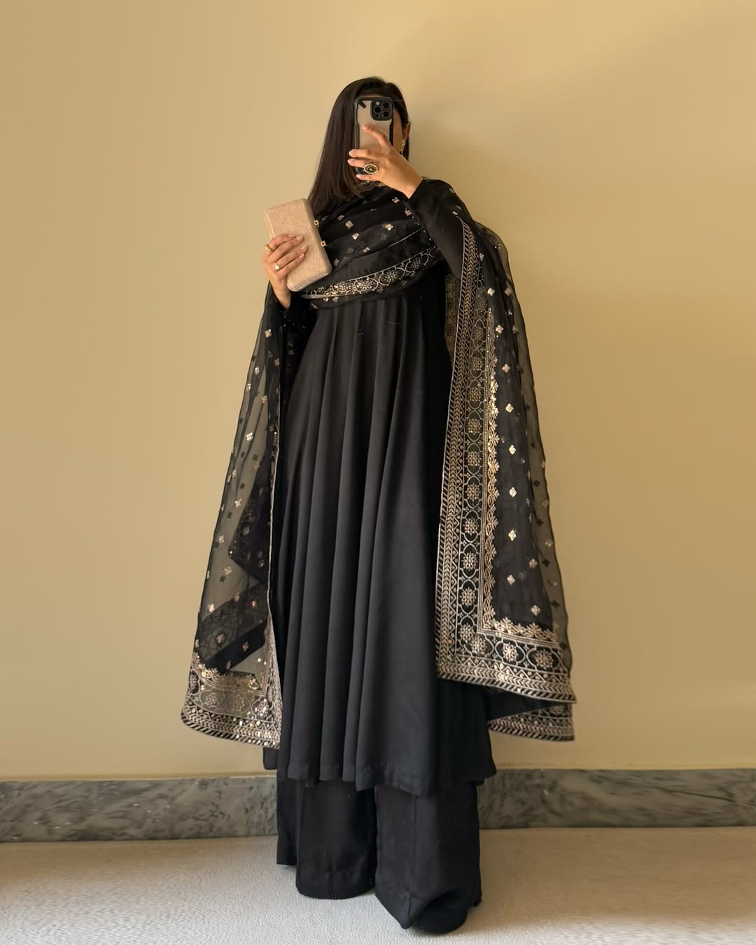 Lorenvalley Black Faux Georgette Yoke and Sleeve Potli Button Work Kurta Palazzo With Dupatta Set | Grocsy