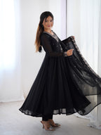 Lorenvalley Black Faux Georgette Fancy Embroidery Beads And Jari Work Anarkali Kurta Palazzo With Dupatta Set | Grocsy