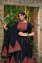 Lorenvalley Black Pure Cotton Plain With Printed And Paper Mirror Work Lace Lehenga Choli | Grocsy