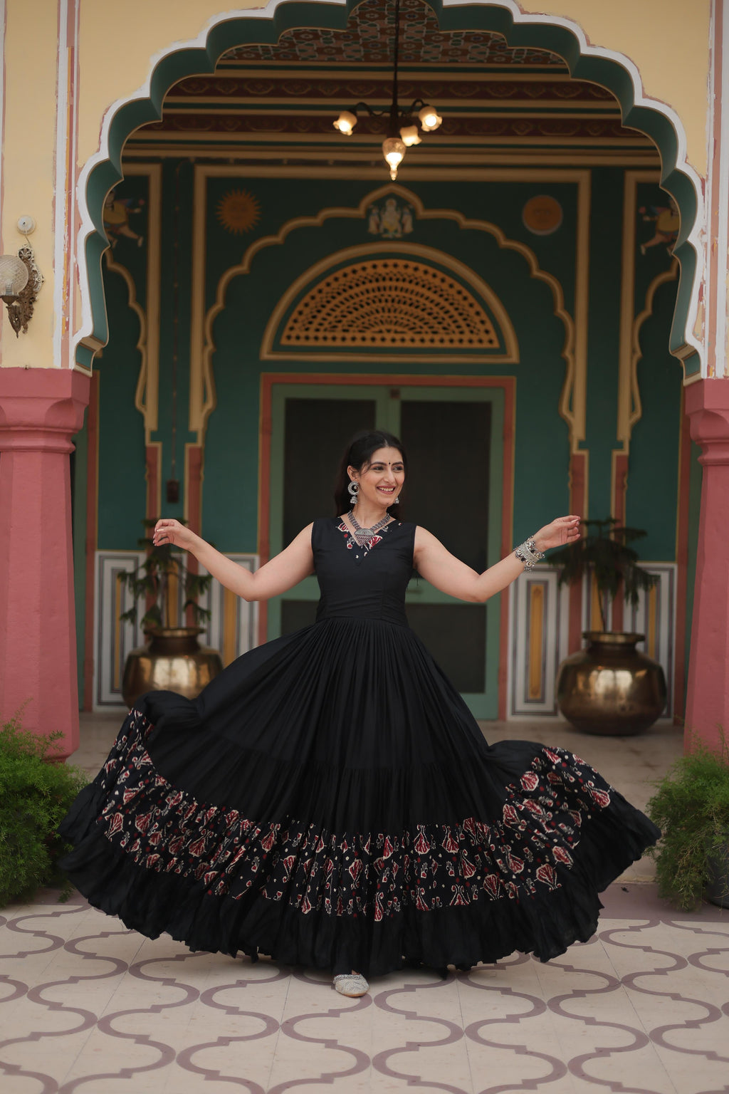 Lorenvalley Black Rayon Fabric with Printed Attached In Frill And Neck Gown | Grocsy