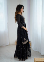 Lorenvalley Black Soft Crunchy Silk with Embroidery Sequence and Jari Work Kurta Palazzo with Dupatta | Grocsy