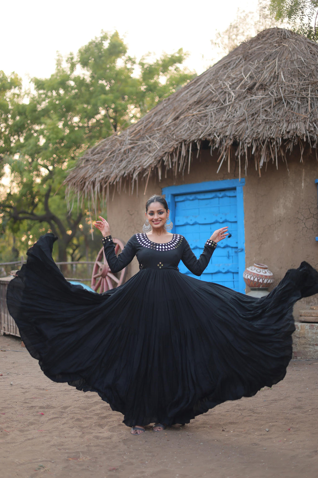 Lorenvalley Black Rayon Fabric With Real Mirror Work Gown | Grocsy
