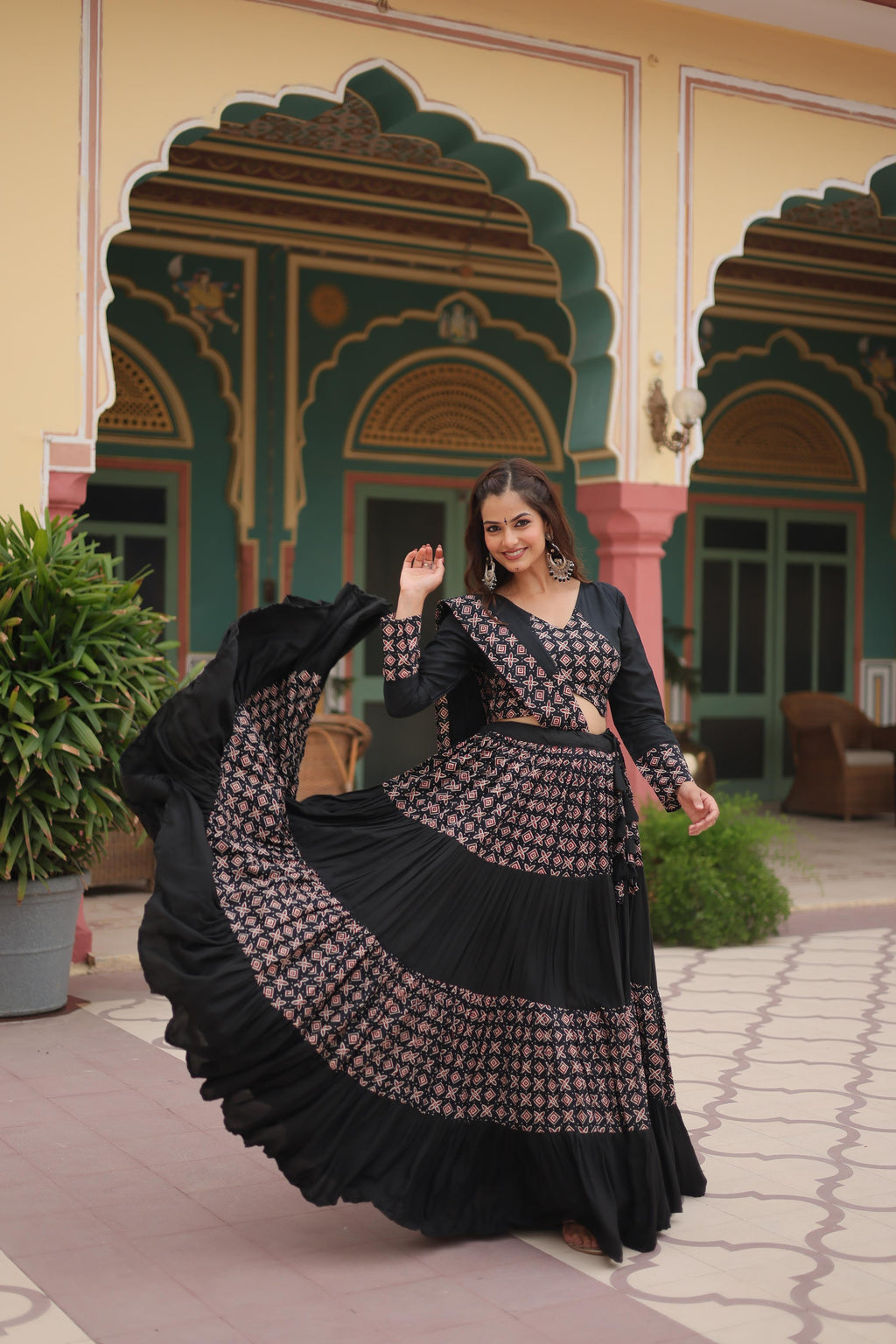 Lorenvalley Black Printed Rayon Navratri Collection Lehenga Choli with Dupatta | Grocsy