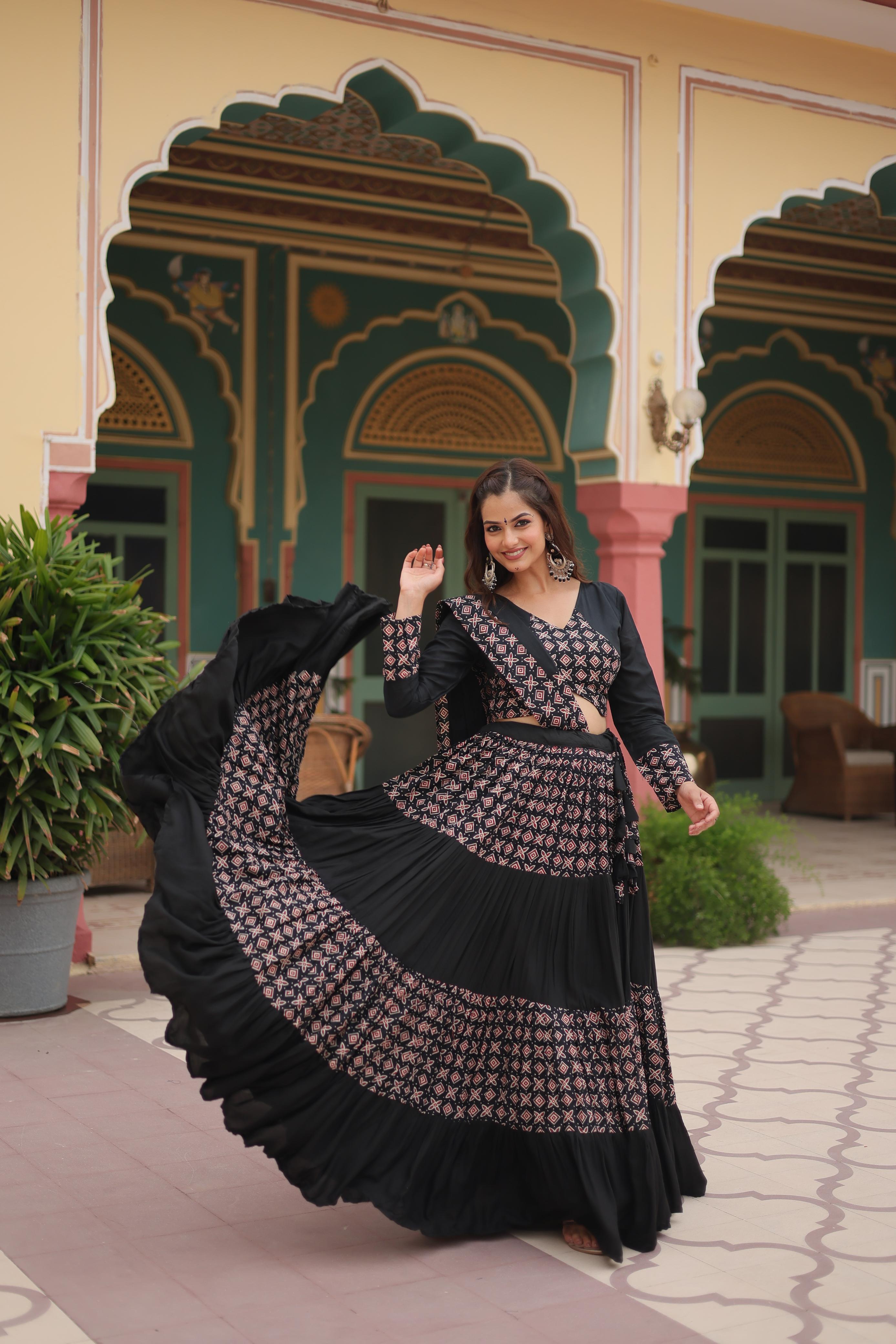 Lorenvalley Black Printed Rayon Navratri Collection Lehenga Choli with Dupatta | Grocsy
