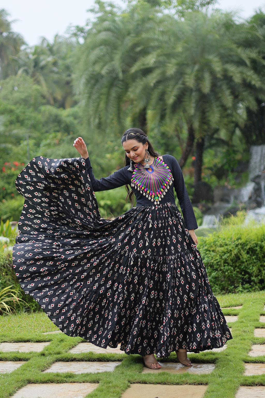 Lorenvalley Black Cotton Printed With Kutchi Gamthi Work and Kodi Lace Gown | Grocsy